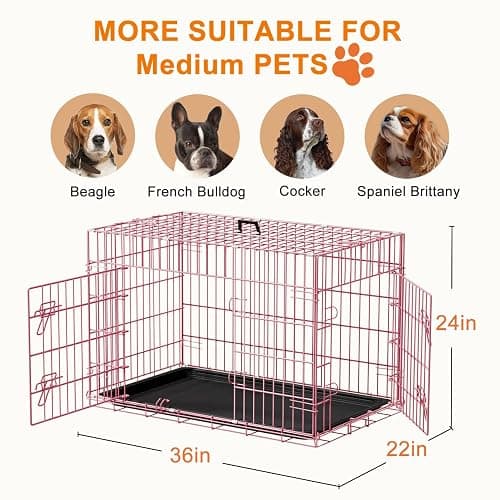 FDW Dog Crate 36inch Dog Cage Foldable Metal Kennel with Leakproof Tray Foldable Design Indoor Outdoor Use for Medium Dogs,Pink thumbnail 7