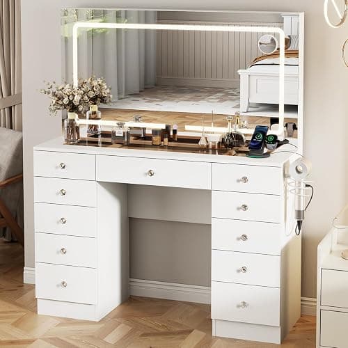 Otterease White Makeup Vanity, 11 Drawers Vanity Mirror with Lights, Makeup Vanity Desk with 3 Lighting Modes Adjustable Brightness, Vanity with Glass Top for Bedroom thumbnail 8