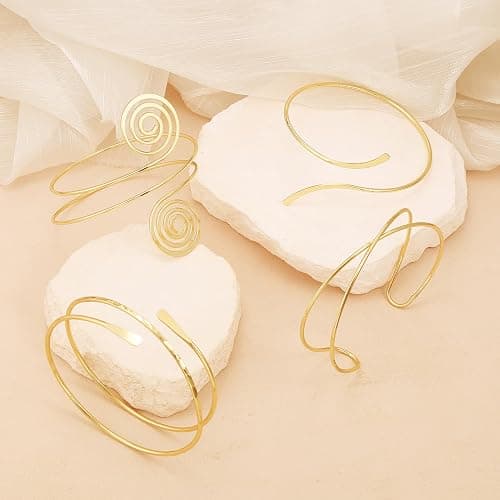BROCC 4Pcs Gold Upper Arm Cuff for Women Open Adjustable Coil Arm Bracelets Minimalist Arm Armband Cuff Bracelets Set thumbnail 3