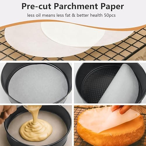 OAMCEG Backformen Springform Set 3 Stück – 10cm/18cm/22cm Runde Kuchenform aus Kohlenstoffstahl, Antihaftbeschichte & Auslaufsicher – Käsekuchenform mit 50 Pergament Backpapier & 1 Silikonspatel thumbnail 6
