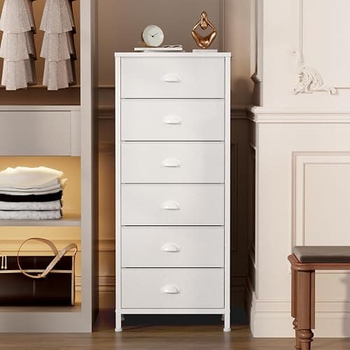 Furnulem White Dresser for Bedroom, 6 Fabric Drawers Chest of Drawers | Tall Skinny Dresser for Closet, Vertical Storage Tower Unit, Tall Nightstand for Dorm, Living Room, Metal Frame, Wooden Top thumbnail 2