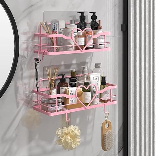 FLCITY Pink Shower Caddy with 4 Removable Hooks, 2 Pack Sweet Heart Shower Shelves,No Drilling Adhesive Organizer Shelf for Bathroom Shower,Kitchen,Bedroom thumbnail 2