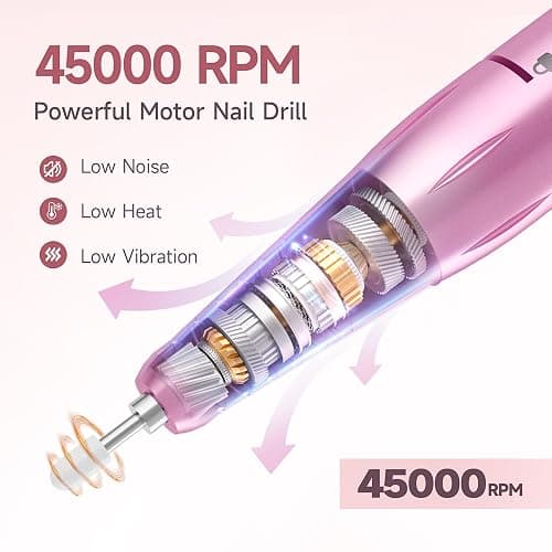 Professional Nail Drill Electric File 45000RPM, Portable Rechargeable Electric Nail File with 11 Drill Bits & 50 Sanding Bands, Low Noise Nail Drill Kit for Acrylic Gel Nails, Salon & Home Use, Pink thumbnail 2