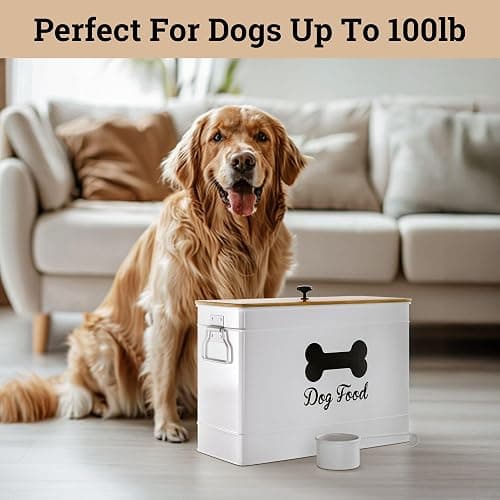 Dog Food Container Airtight 15 lb (50 Cup) Capacity with Metal Scoop - Cute Airtight Dog Food Storage Container with Bamboo Lid - White Metal Kibble Storage Bin for Dogs up to 100 lbs - Big Pet Jar - White thumbnail 6