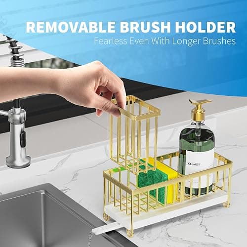 Cisily Gold Sponge Holder for Kitchen Sink, Sink Caddy Organizer with High Brush Holder, Kitchen Countertop Organizers and Storage Essentials, Rustproof 304 Stainless Steel, Soap Dispenser Organize - Gold thumbnail 4