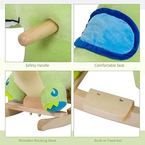 Qaba Kids Plush Ride-On Rocking Horse Toy Dinosaur Ride on Rocker Green with Realistic Sounds thumbnail 8