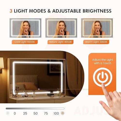 Sweetcrispy Vanity Desk with 35.4" LED Mirror and Lights, Makeup Vanity Table with Charging Station (2AC/USB/C), 2 Drawers & Large Cabinet, 3 Lighting Color Adjustable, Modern Dressing Table, White thumbnail 4