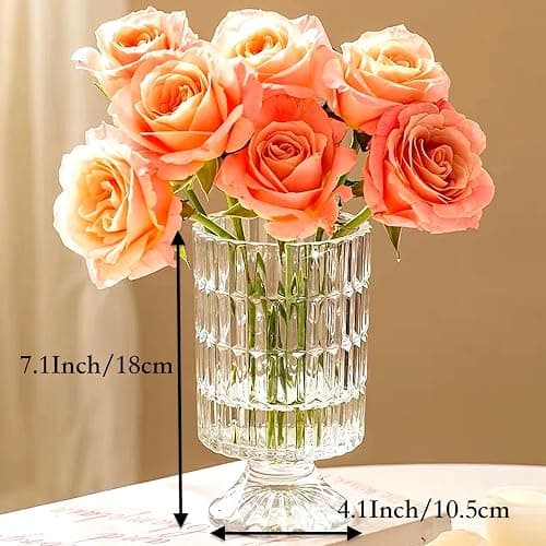 BLOFLO Embossed Glass Vase, 7'' Crystal Glass Vases, Pedestal Big Base Glass Bouquet Vase, Hydroponic Glass Transparent Vase for Home Office Wedding Dining Table Party (Ribbed Pattern) thumbnail 2
