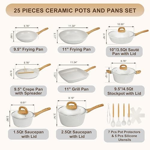 EWFEN 25 Pcs Pots and Pans Set, Nonstick Ceramic Cookware Sets, Healthy Non-Toxic, Large Capacity, Induction Compatible, Cooking Set with Frying Pans & Saucepans, PFAS/PTFE/PFOA Free, Cream White thumbnail 3