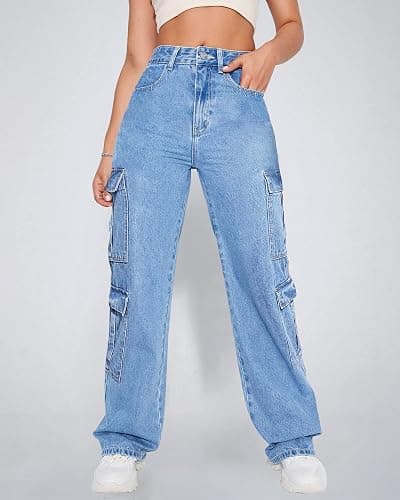 Flvsun Women's High Waist Baggy Cargo Jeans Flap Pocket Y2K Streetwear Wide Leg Denim Pants thumbnail 2