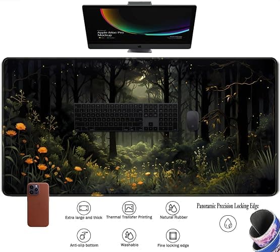 Dark Forest Desk Mat Mouse pad, Green Nature Deskmat XXL Large Extended Aesthetic Plant Mousepad Gaming Desk Pad, Big Laptop Computer Keyboard and Mouse Mat for Women Office Desk Decor 31.5x15.7 in thumbnail 4
