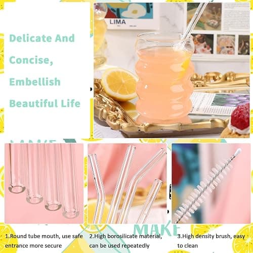 SevenMye 4 Pack Creative Beer Glasses Cups Ripple Shaped Vintage Clear Drinking Glasses with Straws Set Cute Drinking Glasses Coffee Glasses Ribbed Glassware Aesthetic Cups for Kitchen Juice Beverage thumbnail 4