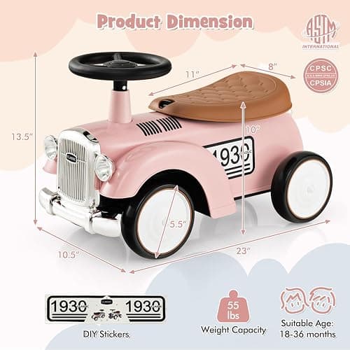 HONEY JOY Ride On Push Car, Outdoor Toddler Riding Toys w/Steering Wheel, Horn & Storage, Foot-to-Floor Sliding Car, No Batteries, Retro Baby Ride On Toys for Boys and Girls (Pink) thumbnail 3