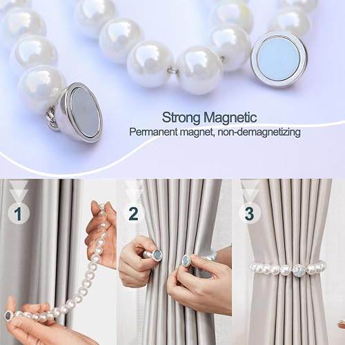 Magnetic Curtain Tiebacks, Curtain Holders for Bedroom Decor, 2 Pack Pearl Curtain Tiebacks for Home, Office, Window Decoration(White) thumbnail 5
