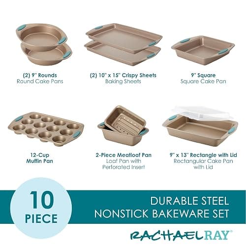 Rachael Ray 47578 Cucina Nonstick Bakeware Set with Grips Includes Nonstick Bread Pan, Baking Sheet, Cookie Sheet, Baking Pans, Cake Pan and Muffin Pan - 10 Piece, Latte Brown with Agave Blue Grips - 10 Piece - Latte Brown with Agave Blue Grips - Bakeware Set thumbnail 2