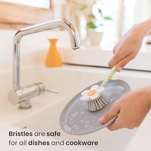 Vigar Florganic Daisy-Shaped Dish Brush with Vase Dish Brush Holder, Dish Brush with Handle, for Pot Scrubber, Kitchen Dishes, and Sink Cleaning, Orange thumbnail 2