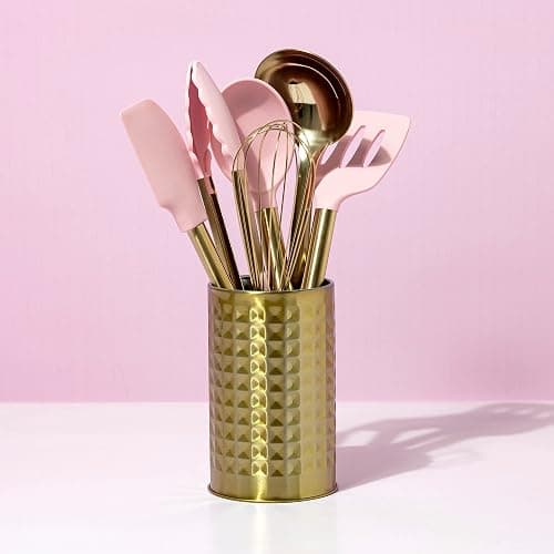 Paris Hilton Kitchen Set Tool Crock with Silicone Cooking Utensils, Stainless Steel Whisk and Ladle, 7-Piece, Pink and Gold thumbnail 8