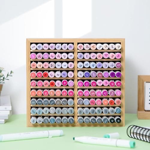 Ohuhu Bamboo Marker Organizer, Wooden Desktop Storage Hold 126 Markers, Pens, Pencils, Art Brushes Stationary Organizer Pencil Holder with 18 Compartments for Home, Classroom, Office Decor thumbnail 2