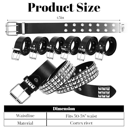 Leooomap 6Pcs Studded Belt Set for Men & Women - Punk Gothic Rivet Faux Leather Belts with Double Grommet, Square Studs, Small & Large Star Designs Adjustable Waist Belt for Jeans Costume Party Gift thumbnail 2