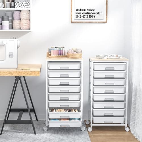 SYKIARIOL Rolling Storage Cart with Drawers,Utility Cart With 8 Drawers and Wooden Tabletop,Rolling Drawer Cart,Storage Drawer Cart for Living Room,Classroom,Bedroom,Bathroom,Dorm,Office,White thumbnail 7