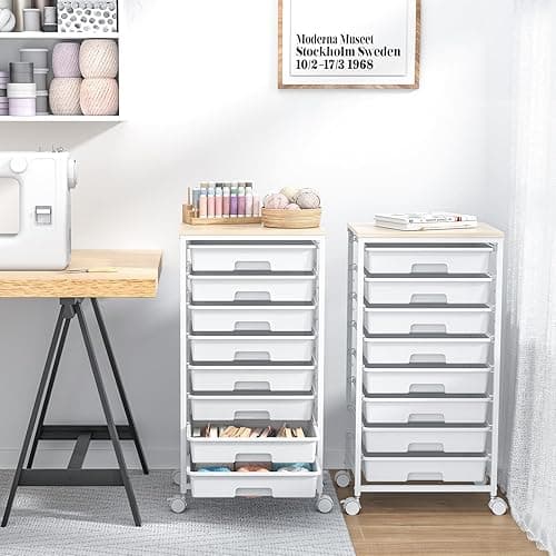 SYKIARIOL Rolling Storage Cart with Drawers,Utility Cart With 8 Drawers and Wooden Tabletop,Rolling Drawer Cart,Storage Drawer Cart for Living Room,Classroom,Bedroom,Bathroom,Dorm,Office,White - White thumbnail 7