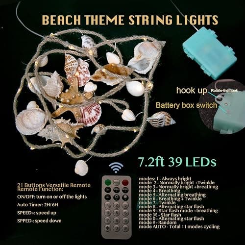MIYA LIFE Seashell Garland Ocean Light for Beach Decor 7.2FT 39LED Battery Operated Coastal Garland Magic Conch Shell Beach Decorations for Home Coconut Girl Room Decor thumbnail 4