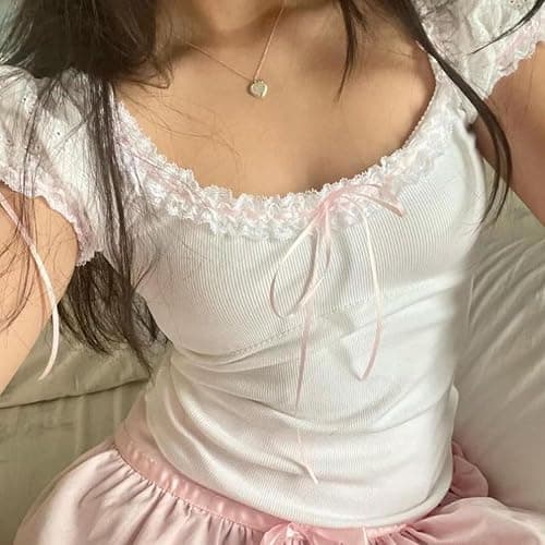 Women Fairy Grunge Y2k Shirts Square Neck Lace Patchwork Tops Aesthetic Clothes - X-Small - A3 White thumbnail 3
