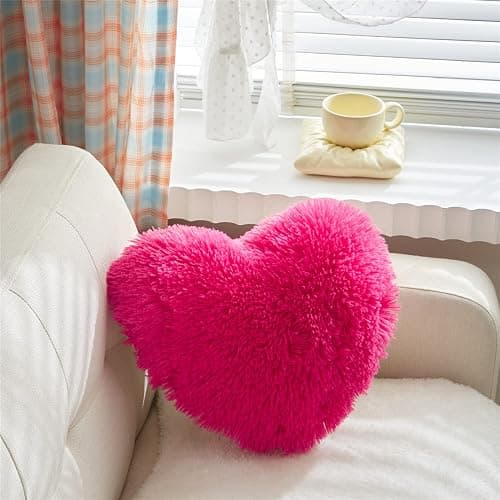 MOOWOO Fluffy Faux Fur Heart Throw Pillow for Valentine's,Mothers Day,Sherpa Plush Fluffy, Solid Color, Heart Shape Pillow for Girls,Hot Pink Love Throw Pillow (Rose Red) thumbnail 6
