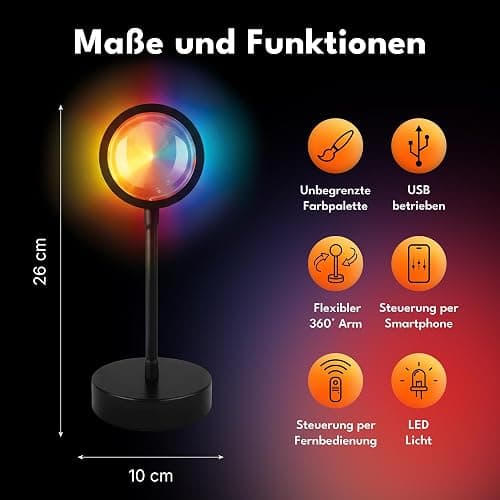 Aromaholik Sunset Lampe LED RGB, Sonnenuntergang Projektionslampe mit HD Linse, 180° drehbar, USB, Fernbedienung, TikTok Stimmungslicht thumbnail 2