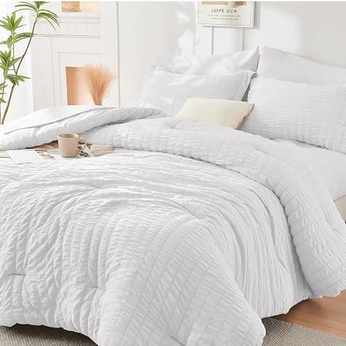 HYMOKEGE White Full Size Comforter Sets Seersucker 7 Pieces, All Season Luxury Bed in a Bag for Bedroom, Bedding Set with Comforters, Sheets, Pillowcases & Shams - Image 1