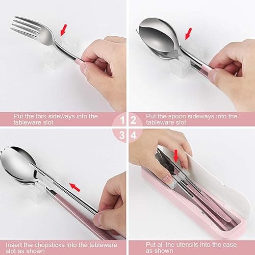 DEVICO Travel Utensils, 18/8 Stainless Steel 4pcs Cutlery Set Portable Camp Reusable Flatware Silverware, Include Fork Spoon Chopsticks with Case (Pink) - Pink thumbnail 5