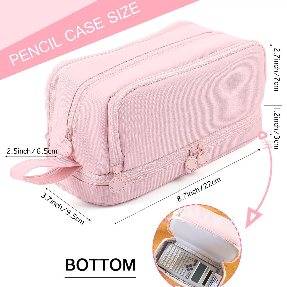 MAMUNU Large Capacity Pencil Case,Big Pen Pencil Pouch 3 Compartments Adult, Expandable Pencil Case with Portable Handle,School Stationery Organizer,Travel Makeup Cosmetic Bag, Pink, Make-Up Pouch thumbnail 6