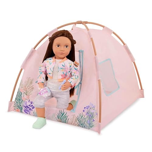 Our Generation Doll Tent Playset, Camping Nights, 18-Inch Camping Toy | Pink camping tent with floral print, 13 assembly pieces, marshmallows, roasting stick, cards for pretend play, 3+ Years thumbnail 5
