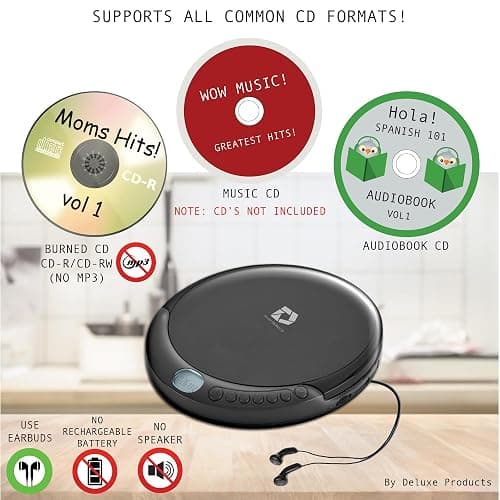 Deluxe Products CD Player Portable with 60 Second Anti Skip, Stereo Earbuds, Includes Aux in Cable and AC USB Power Cable for use at Home or in Car thumbnail 2