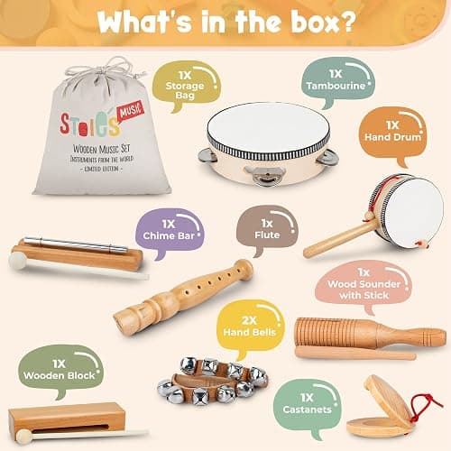 Stoie's Wooden Toddler Musical Instruments with Drum, Hand Bells, Flute, Maracas, Castanet, Tamburine, for Babies and Kids, Eco Friendly Montessori Educational Toy thumbnail 3