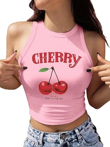 SHENHE Women's Y2k Cherry Tank Top Crew Neck Graphic Fitted Sleeveless Crop Tank Shirt - Image 1