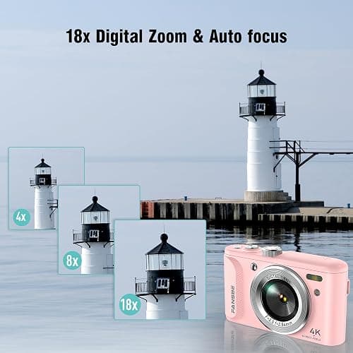 Fansbe Smart Compact Portable 4K Digital Camera, Travel 4K Digital Camera Pocket, Digital Cameras Autofocus Vlogging Anti-Shake 18X Zoom 64MP 8 Modes 2.8" HD LCD Charger 32GB Card Reader, Pink thumbnail 4