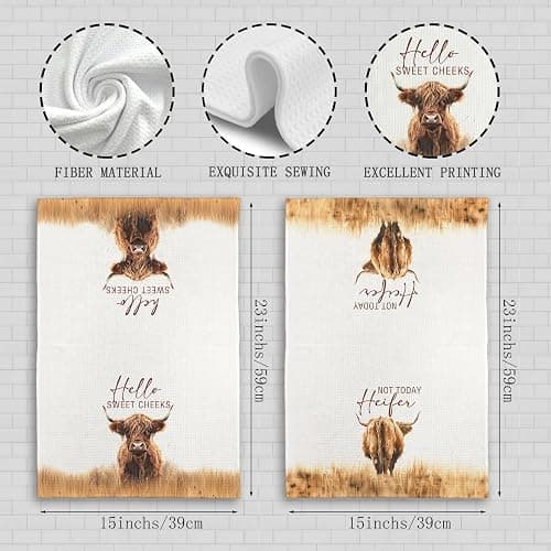 Qeheb Western Highland Cow Bathroom Decor Towels, Farmhouse Hello Sweet Cheeks Hand Towel Decorative Set, Christmas Bathroom Decor, Christmas Highland Cow Lover Gifts Hand Dish Tea Towels 16x24in thumbnail 3