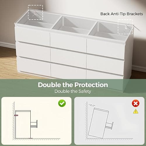Orgobysol White 9 Drawer Dresser for Bedroom,Modern Wood Dressers & Chest of Drawers with No-Handle Design, Long Dressers for Closet Living Room,Nursery,Hallway (59.06 * 32.28 * 14.57 in) thumbnail 8
