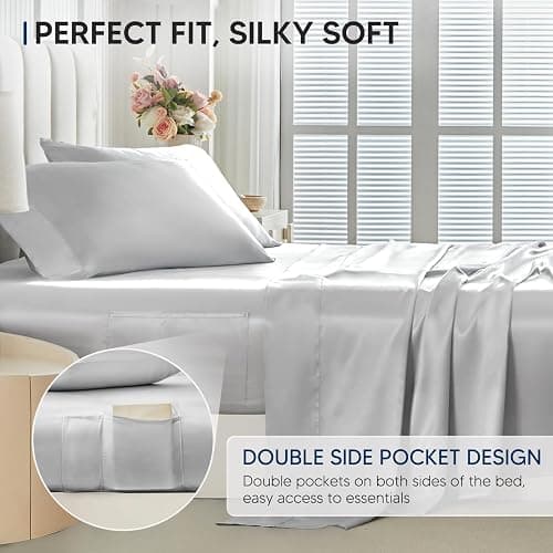 Tokokimo Satin Sheets Queen Size 4 PC - 16" Deep Pocket Silky Soft Bed Sheets, Wrinkle-Free Satin Silk Sheet, Hair & Skin Saver Bed Sheets Set with 1 Fitted Sheet, 1 Flat Sheet, 2 Pillow Cases thumbnail 4