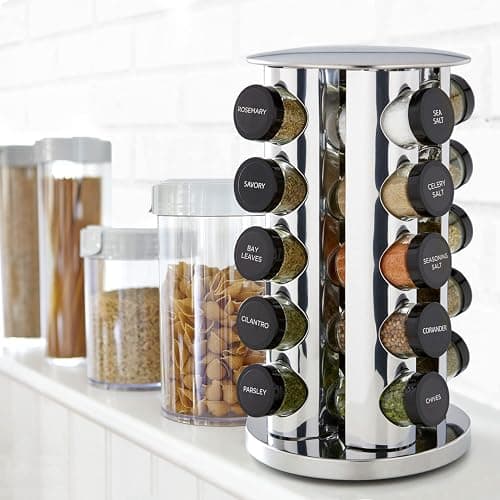 Kamenstein 20 Jar Revolving Countertop Spice Rack with Spices Included, FREE Spice Refills for 5 Years, Polished Stainless Steel with Black Caps, 30020 thumbnail 5