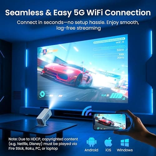 WISHOLY Mini Projector Native 1080P, Portable Outdoor Movie Projector with WiFi and Bluetooth, 4K Supported, Compatible with Smartphone, HDMI, USB, TV Stick, PS5 for Home Theater, Bedroom, Outdoor Use thumbnail 3