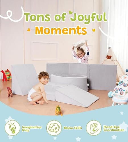 Elftopia Foam Climbing Blocks with Ball Pit & Stairs for Toddlers Aged 1-3 -Soft Playset for Indoor Crawling, Foam Playground Set for Baby to Active Playing Inside -(Balls NOT Included),Grey thumbnail 4