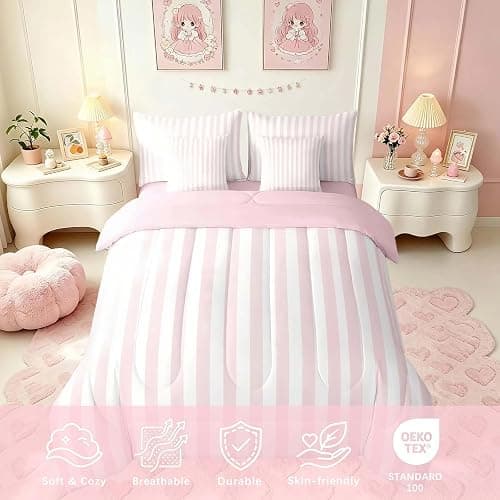 Feelyou White Pink Striped Comforter Set with Sheets 7 Piece Twin Size Striped Bed in a Bag Kids Boys Girls Bedding Set Basic Simple Bedroom Decor Breathable Soft Lightweight Microfiber thumbnail 3