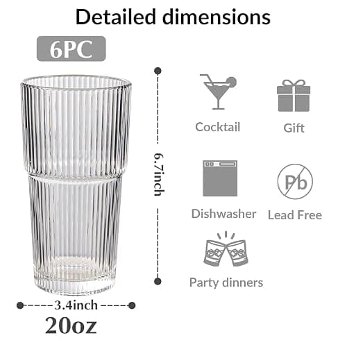 WeirdUncle Set of 6 Oversize Ribbed Glassware, 20oz Vintage Clear Glass Tumbler, Large capacity, Origami Style, Fluted Design, Ideal for Water, Iced Coffee, Beer, Tea, Latte, Housewarming Gift (Large) thumbnail 3