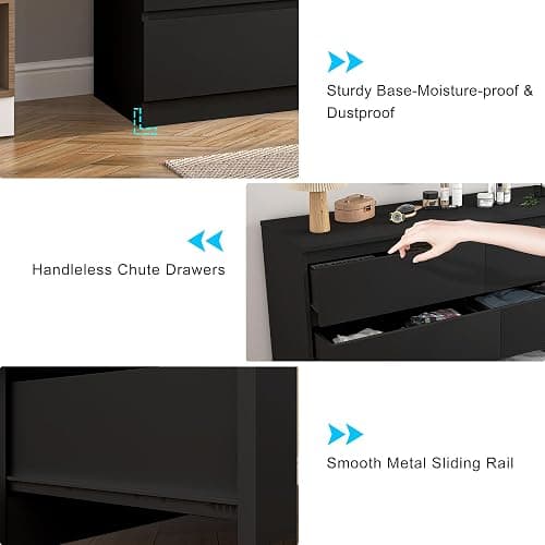 Vibe & Dine 6 Drawer Double Dresser, Modern Chest of Drawers with Wide Storage for Closet, Bedroom, Living Room, Black thumbnail 7