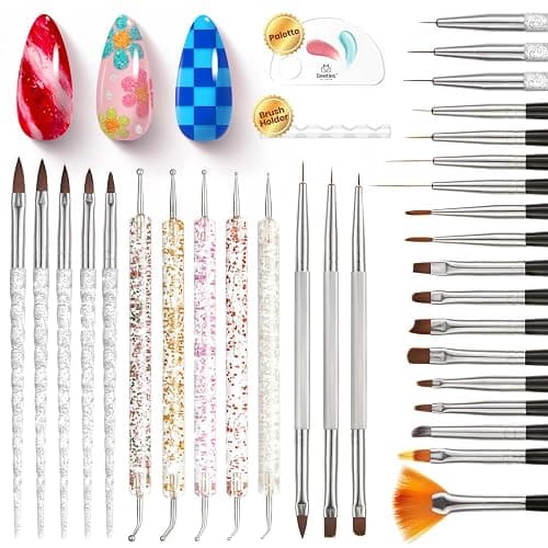 💜 31pcs Nail Art Brushes, Dotting Tools, Nail Art Pens, Dust Brush, Striping Liner Fingernail Drawing Pens with Palette Holder All in One for Starter Manicure Design Set thumbnail 8