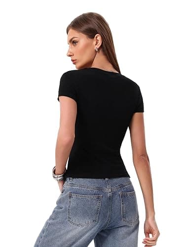 Danysu Nude Built in Bra Cotton V Neck Short Sleeve T Shirt No See Through Stretchy Fitted Basic Tops Summer Going Out Tee thumbnail 6