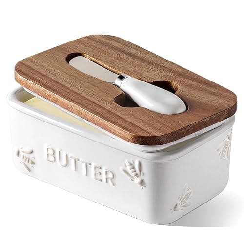 LE TAUCI Butter Dish with Lid for Countertop, Ceramic Butter Container, Embossed Butter Keeper with Acacia Wood lid, Knife, and Airtight Cover, Farmhouse Decor - Set of 1, Arctic White, Bee Pattern - Image 1