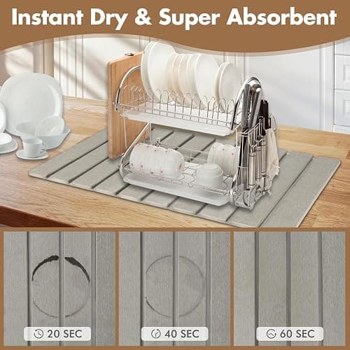 Large Stone Dish Drying Mat for Kitchen Counter, Eco-friendly, Instant Drying Pad,Diatomaceous Earth Water Absorbing Mat, Foldable and Super Absorbent Dish Drying Stone Mat, 24"×16", Warm Gray thumbnail 6